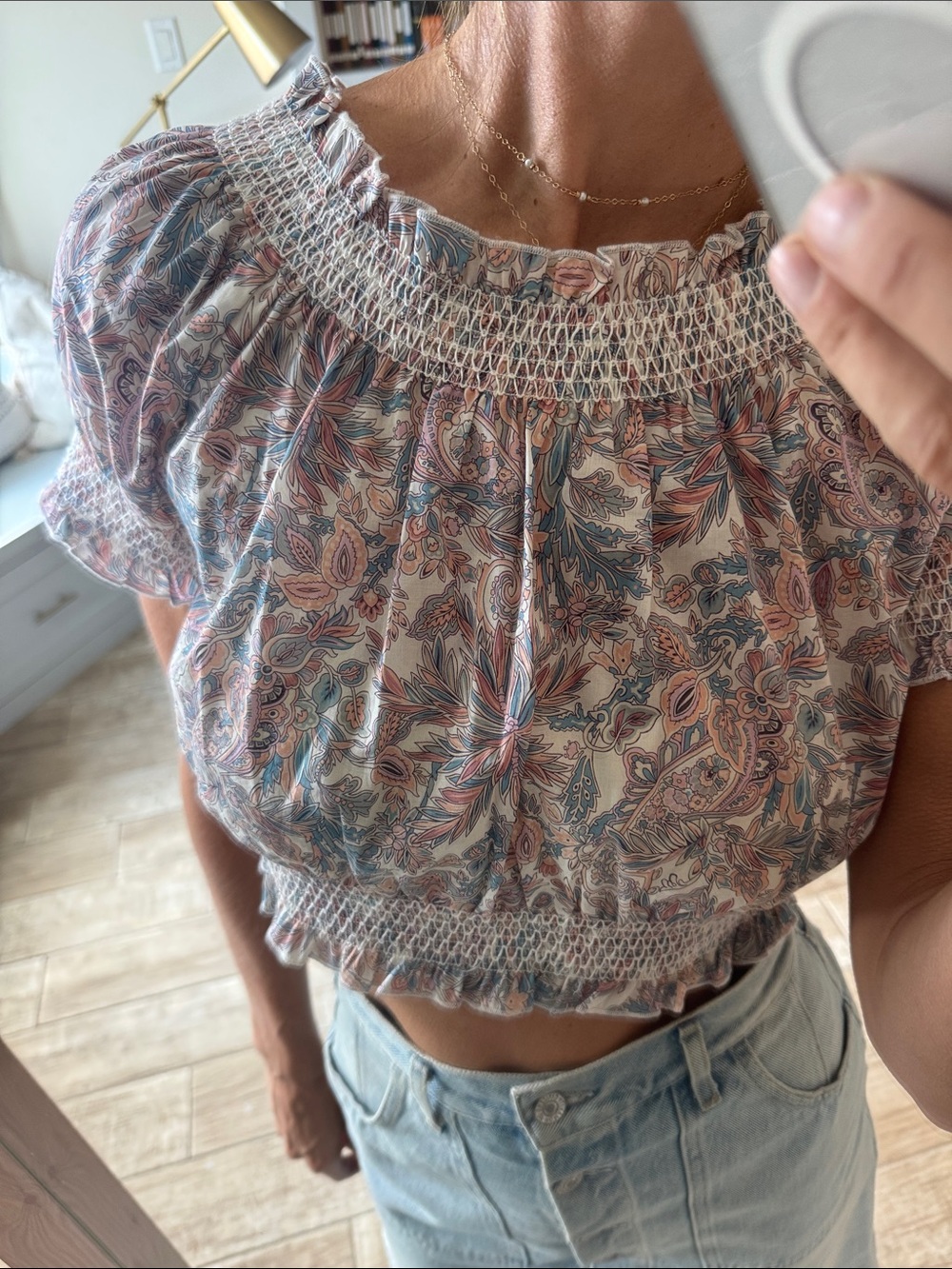 J. Crew Liberty Pastel Floral Smocked Off-Shoulder Crop Top - Pink, Blue, Cream